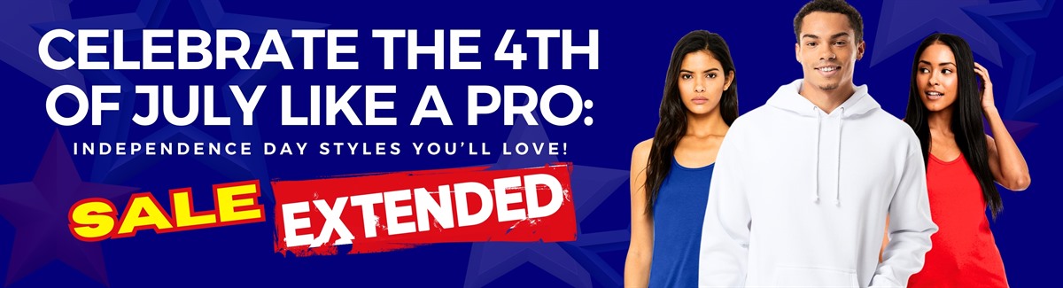 Banner for Group of people wearing different types of shirts in blue, white, red with text Celebrate the 4th of July Like a Pro - Independence Day Styles You Will Love Sale Extended