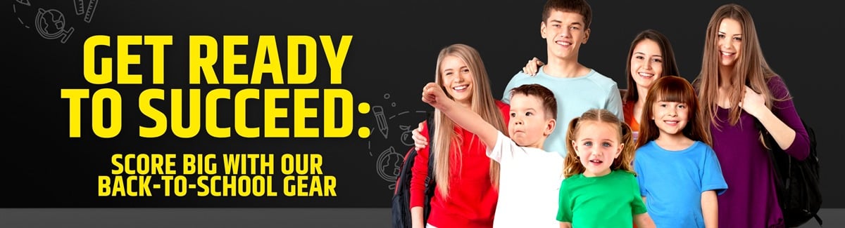 Banner for Group of kids and teens wearing different type of shirts for school with text Get Ready to Succeed - Score Big with Our Back-to-School Gear