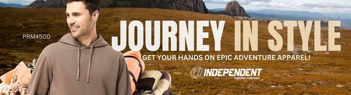 Banner for Male wearing a brown hooded sweatshirt on a field background with text Journey in Style - Get your Hands on Epic Adventure Apparel