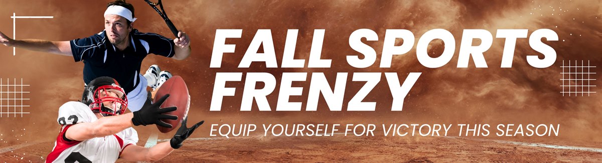 Banner for Male tennis player ready to smash and male football player cathcing a football with text Fall Sports Frenzy - Equip Yourself for Victory This Season