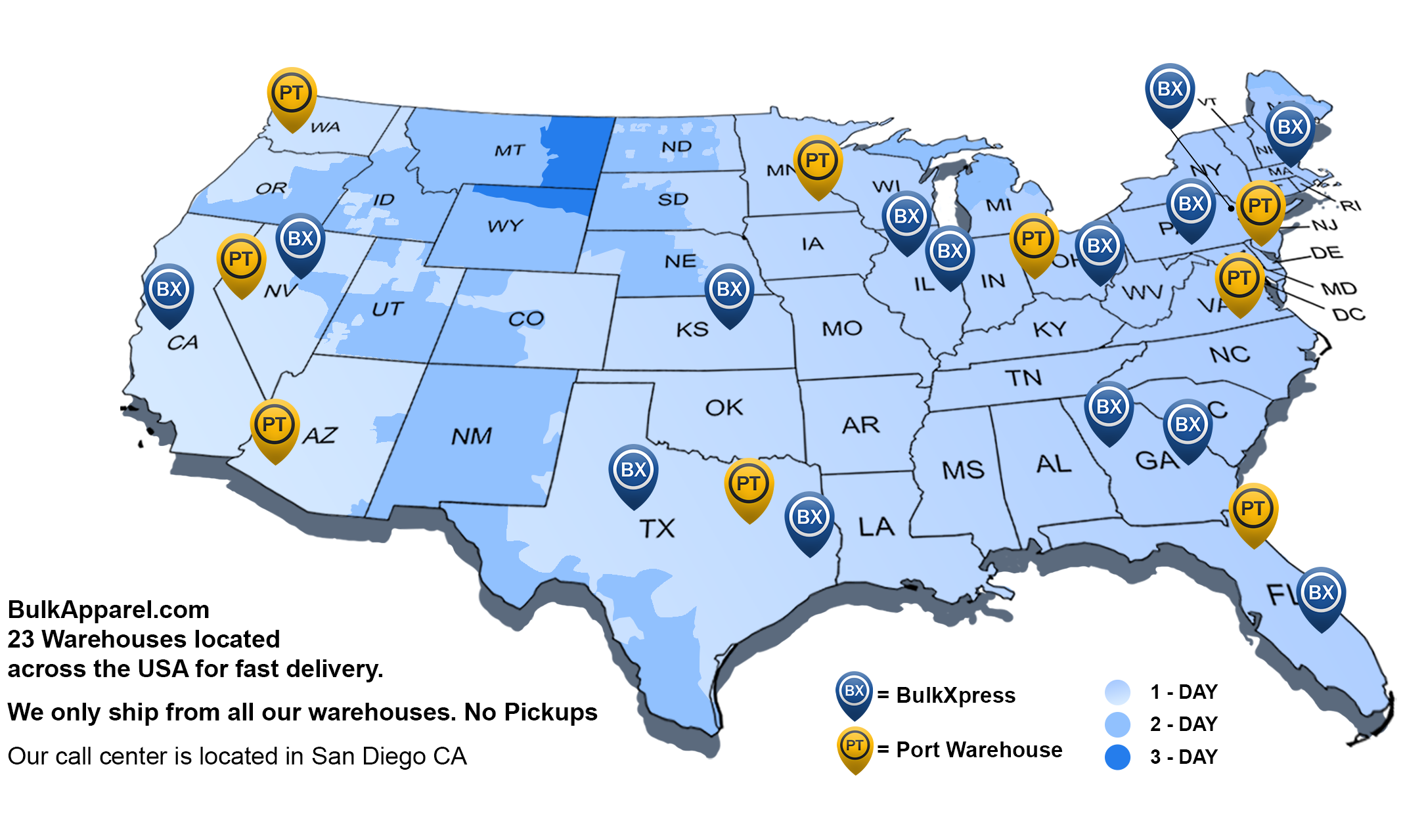 Bulkapparel warehouse location Bulkapparel 16 warehouses location across the USA